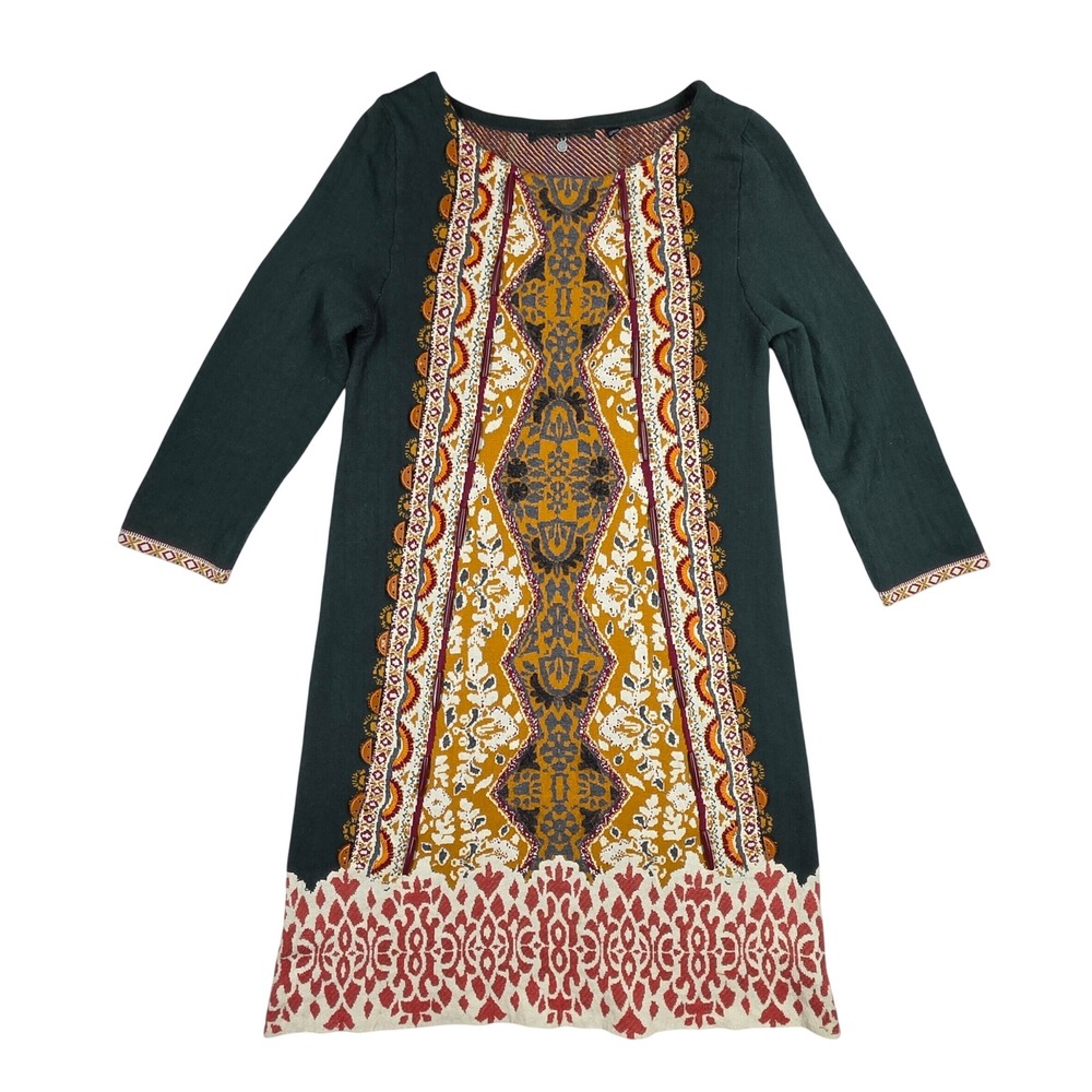 Knitted & Knotted Anthropologie Green Boho Intarsia Sweater Dress Medium